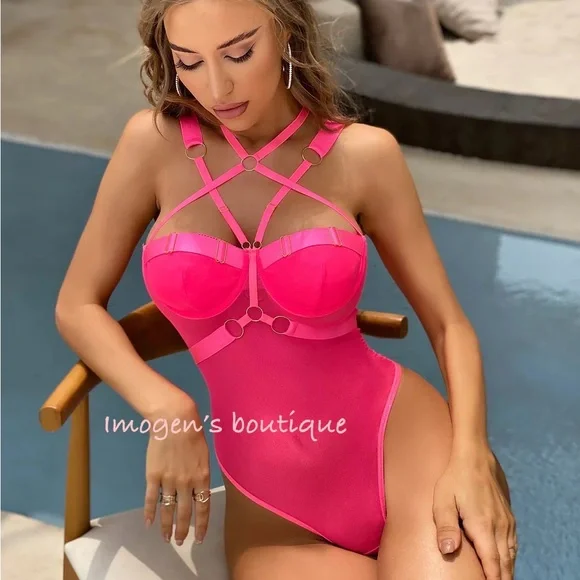 𝗡𝗪𝗧 pink body chain sexy bodysuit mesh silk y hoop bondage hot neon SML lingerie